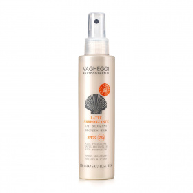 Leche bronceadora en spray protección SPF30. Solares biodegradables de Vagheggi, cosmética natural